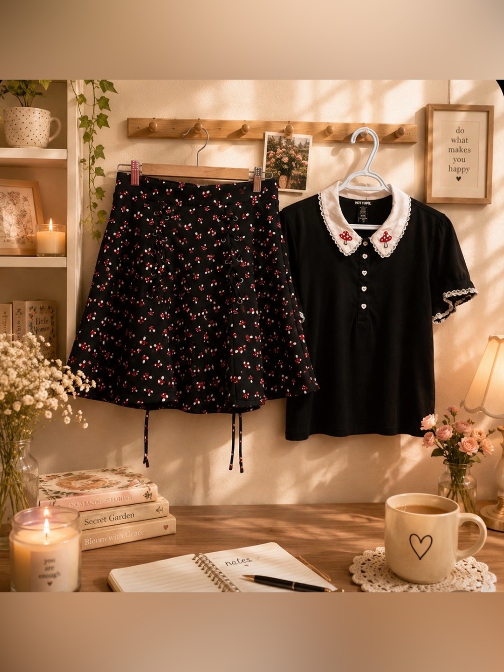 Vintage-Inspired Black with Mushrooms Print Skirt and Collared Top